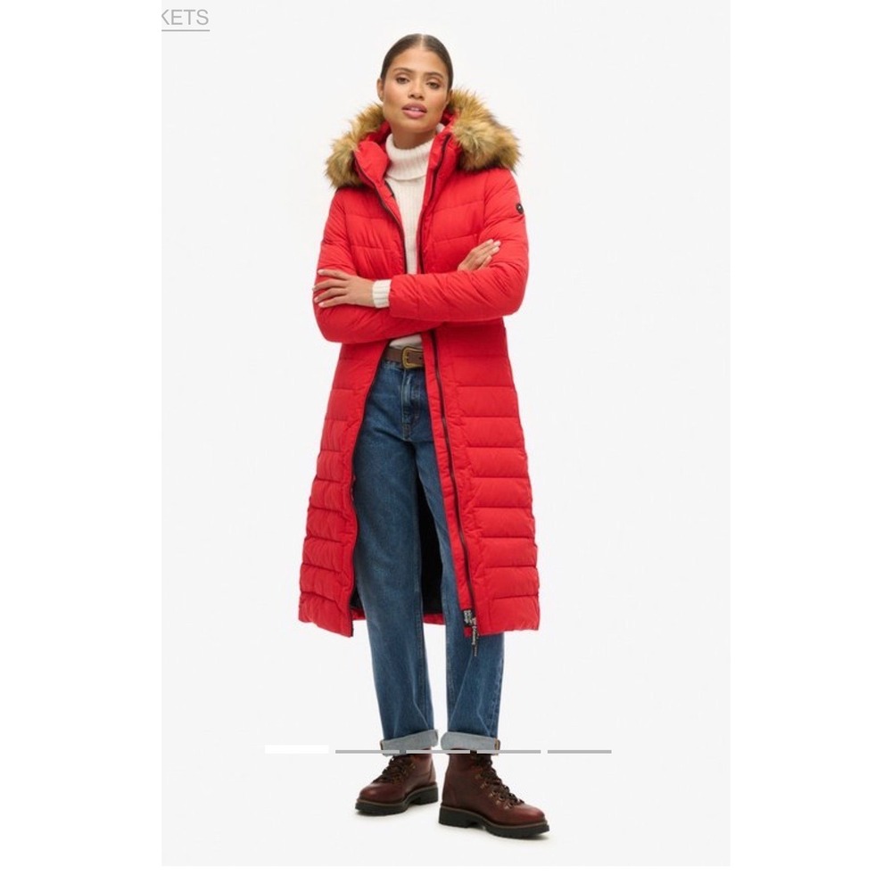 Superdry Womens Microfibre Longline Puffer Jacket Red Faux Fur Hood US 4 NWOT